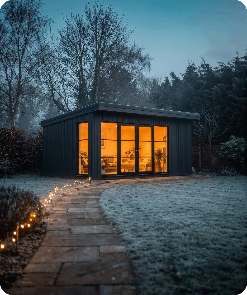 Gecko garden room lit up at dusk on a frosty evening